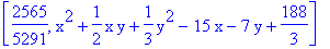 [2565/5291, x^2+1/2*x*y+1/3*y^2-15*x-7*y+188/3]